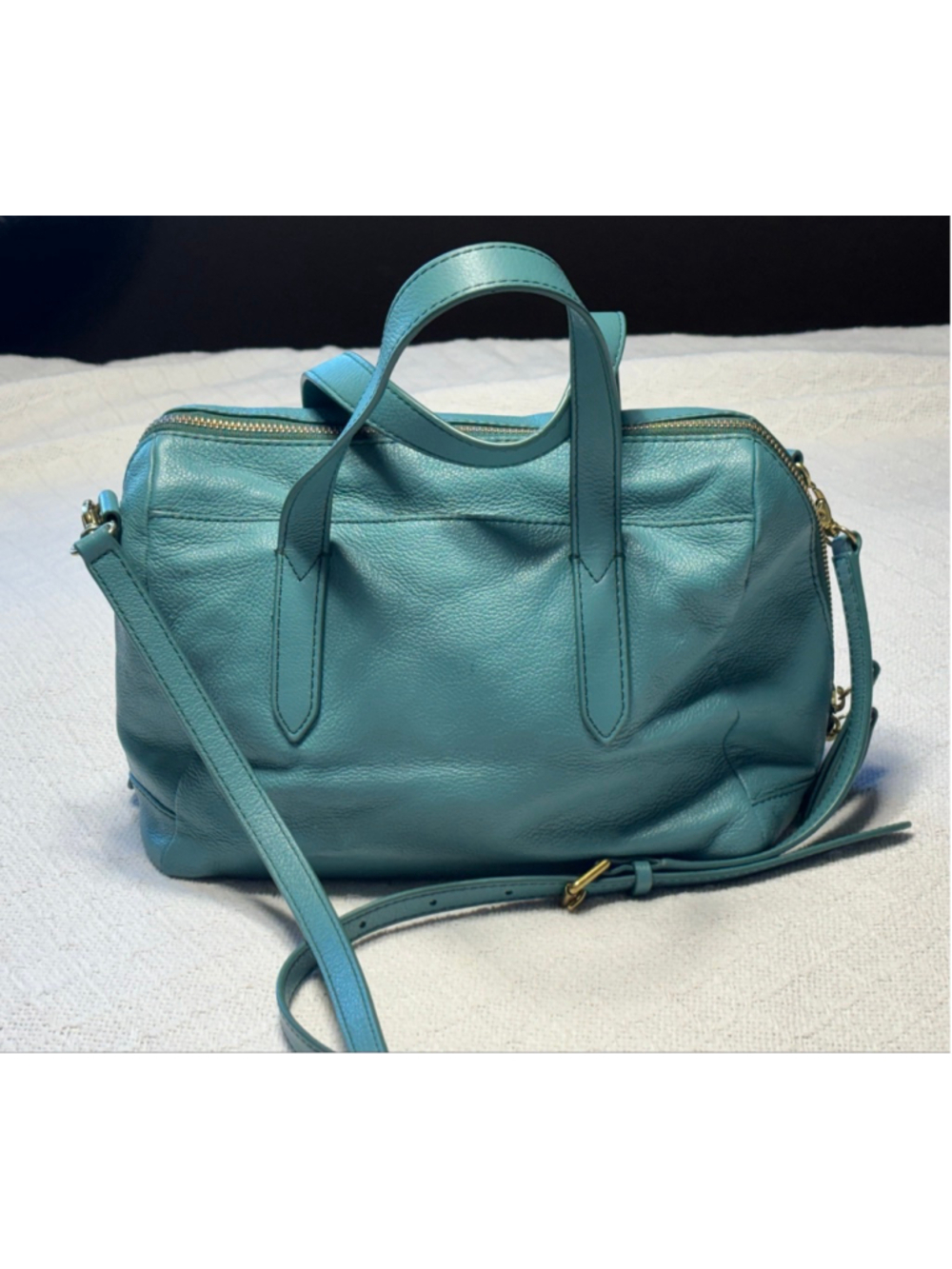 RARE Fossil Genuine Leather Sydney Satchel in Teal Blue/Green GUC - Picture 2 of 14